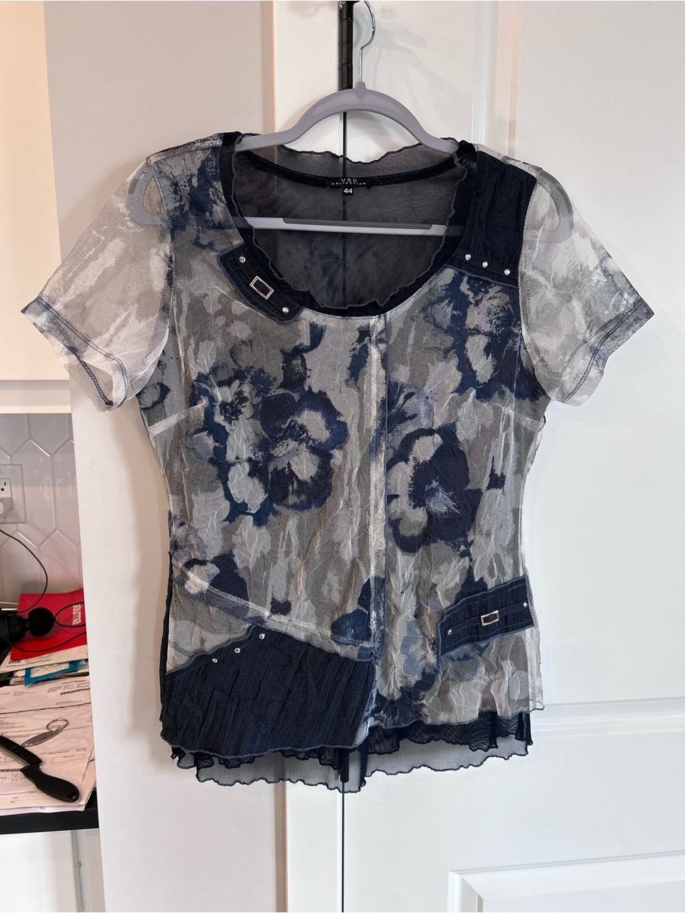 Vex Collection Blue Grey Floral Mesh Top Buckle Strap Alt Y2K Edgy Fashion Punk